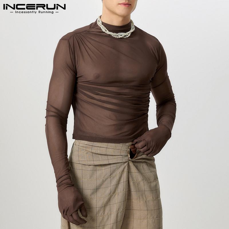 INCERUN Men Long Gloves Sleeve See Through Tops Club Party Mesh Skinny T-Shirts
