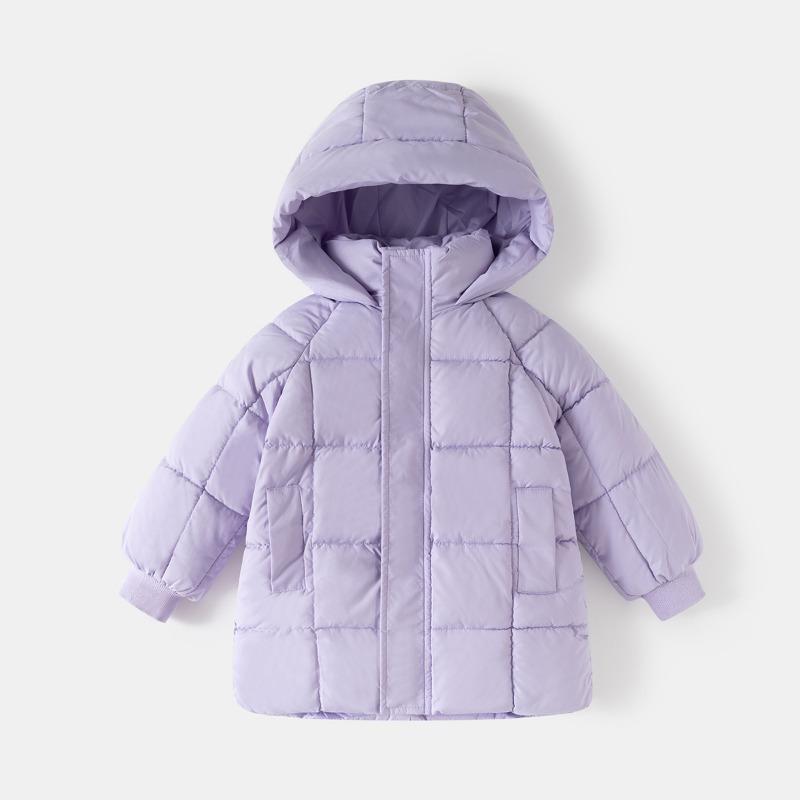 Kids Solid Korean Style Thick Padded Hooded Mid Length Winter Coat