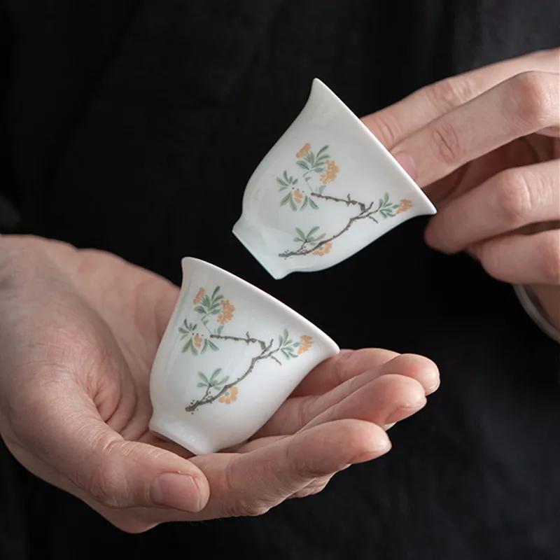 1 Pcs Chinese Handmade Ceramic Teacup Exquisite Hand-painted Flowers Tea Bowl Meditation Cup Porcelain Tea Set Master Cup