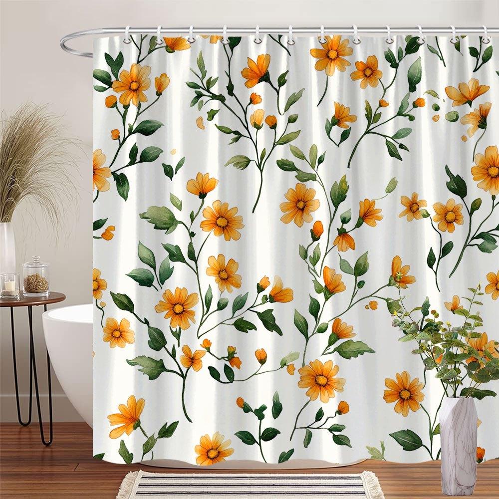 

1 Watercolor Daisy Shower Curtain, bright orange floral pattern with yellow center, with hooks, machine washable 90X180cm
