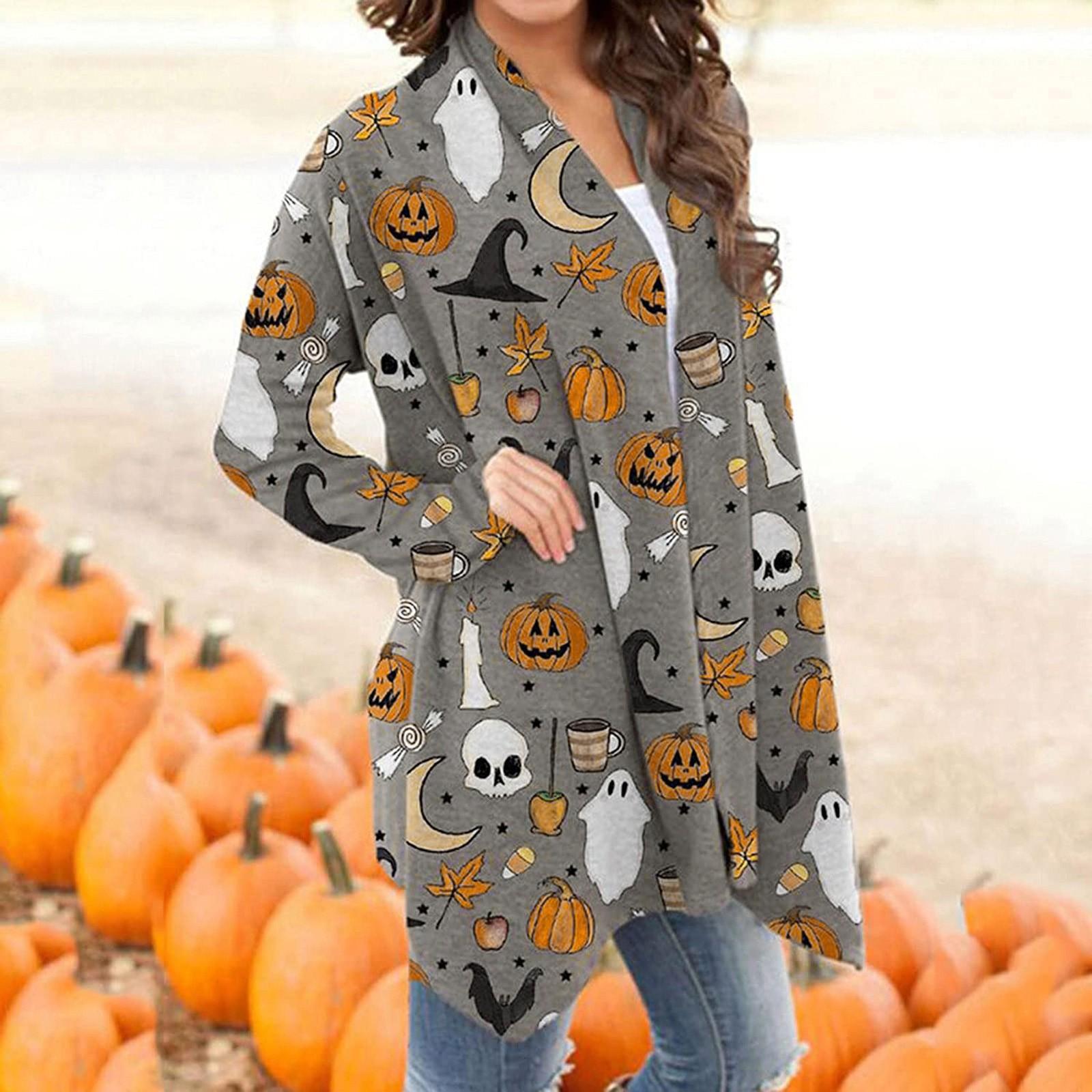Women s Halloween Tops Casual Shirts Open Front Long Sleeve Loose Flowy Hem Cardigan Coat XXXL