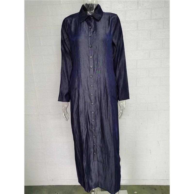 Women's Denim Maxi Dress Tencel Linen Cotton Blend Polo Collar Button Down Long Sleeve Casual Dress With Pockets