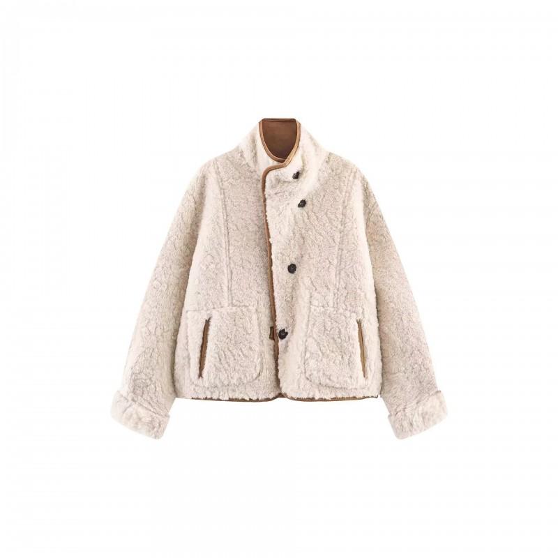 Womens Stand Collar Long Sleeve Jacket Dual-sided Wear Solid Color Casual Outerwear