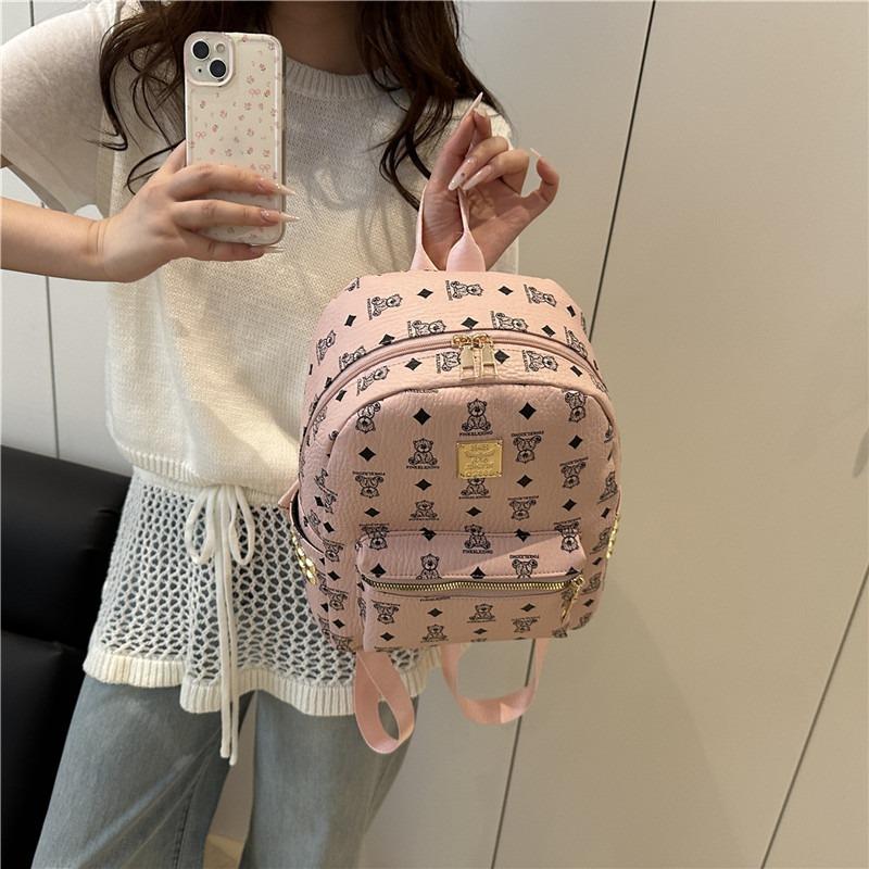 Women's Bag New Fashionable Retro Bear Printed Backpack Large Capacity Student Schoolbag Pu Backpack