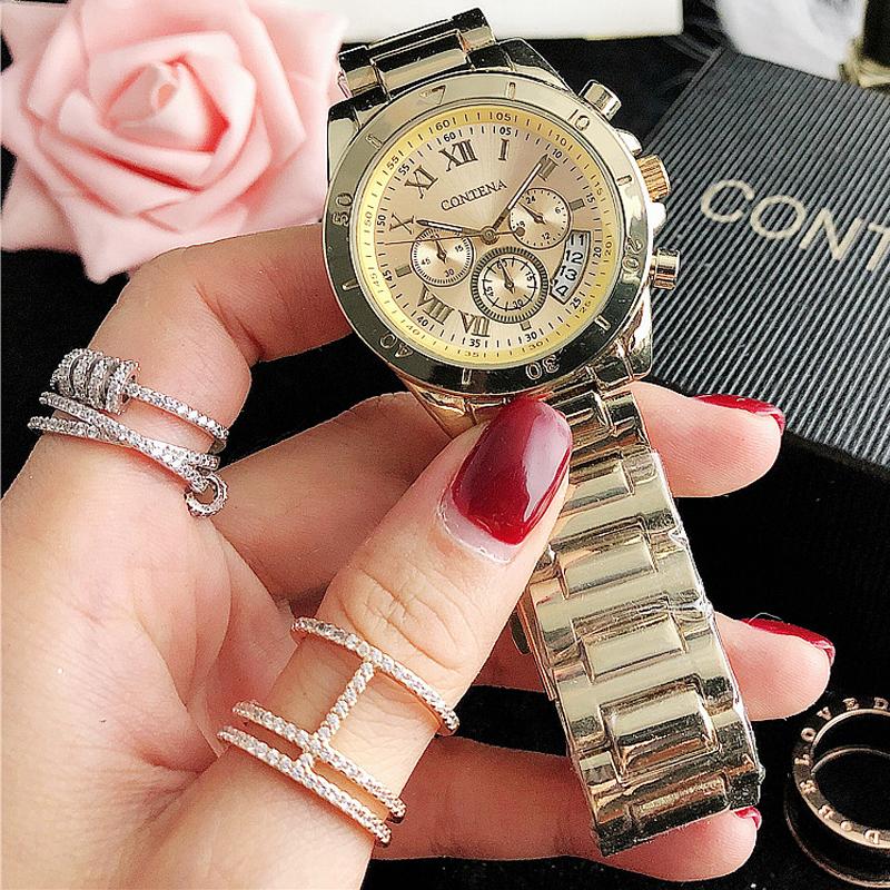 CONTENA Luxury Elegant Watch for Women Geneva Series Date Ladies Watch Alloy Stainless Steel Quartz Women's Watches Girl Reloj