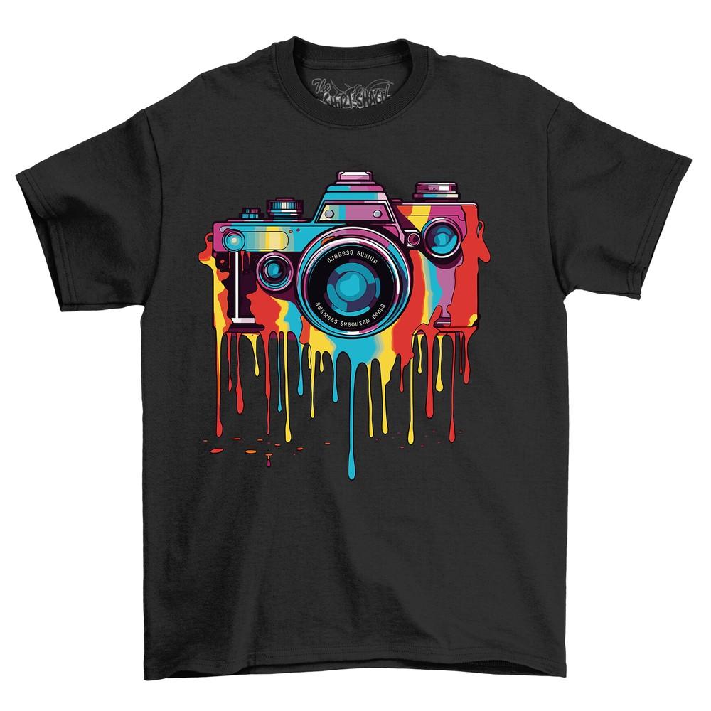 Old School Camera Paint Drip Design T-shirt - Capture Memories In Style! Funny T