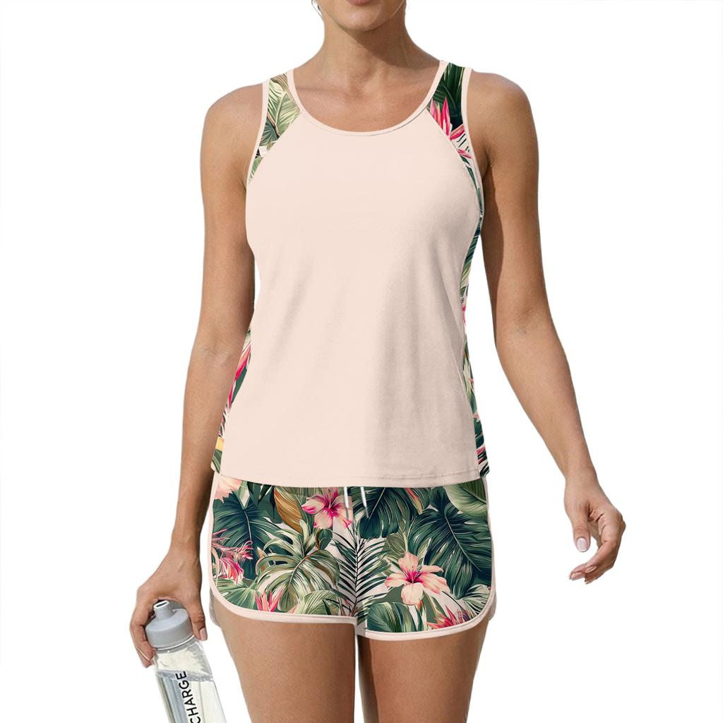 Tankini Swimsuit for Women Plus Size Two Piece Bathing Suit Breathable Athletic Swimwear Tank Top and Shorts Set