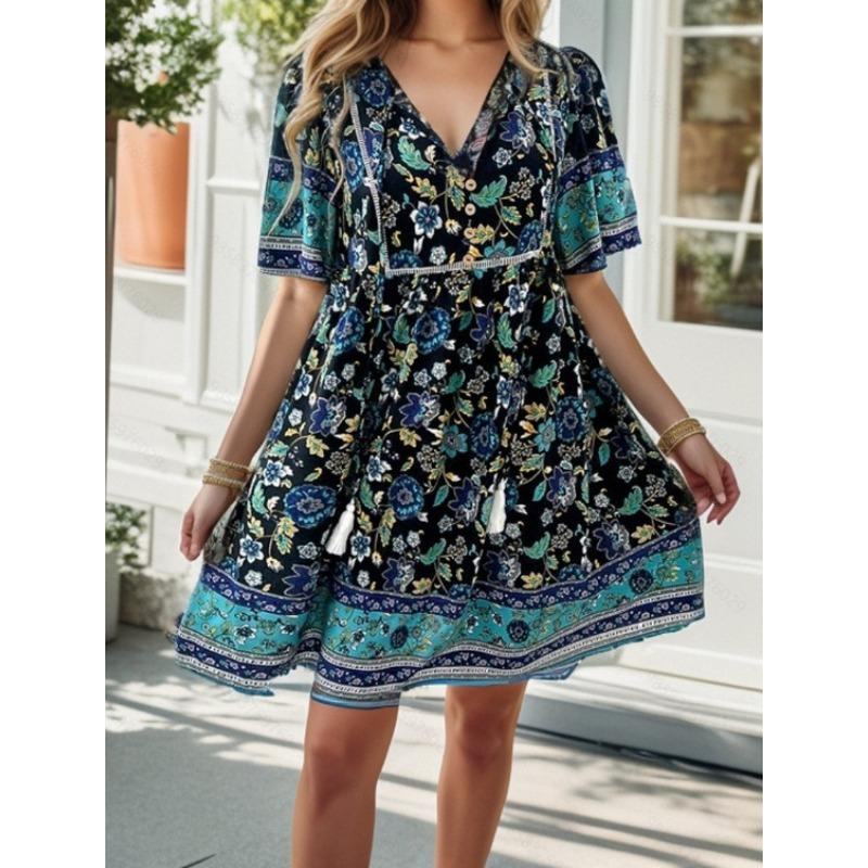 YYFS Women's Fashion Summer Spring Flower Pattern Print Short Sleeve V-Neck Loose Waistline Casual Dresses