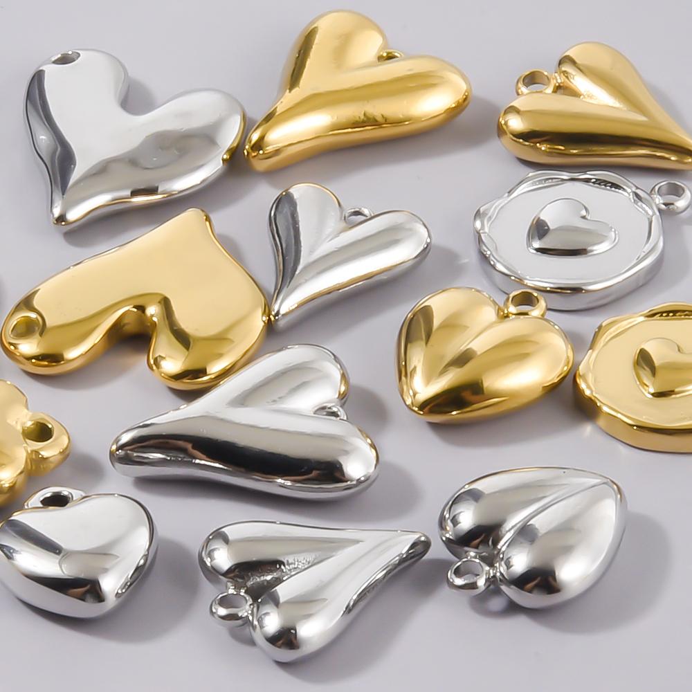 6pc Sweet Love Pendant Real Gold Plated Stainless Steel Heart Charms For Jewelry Making Supplies DIY Keychain Pendant Charm Bulk