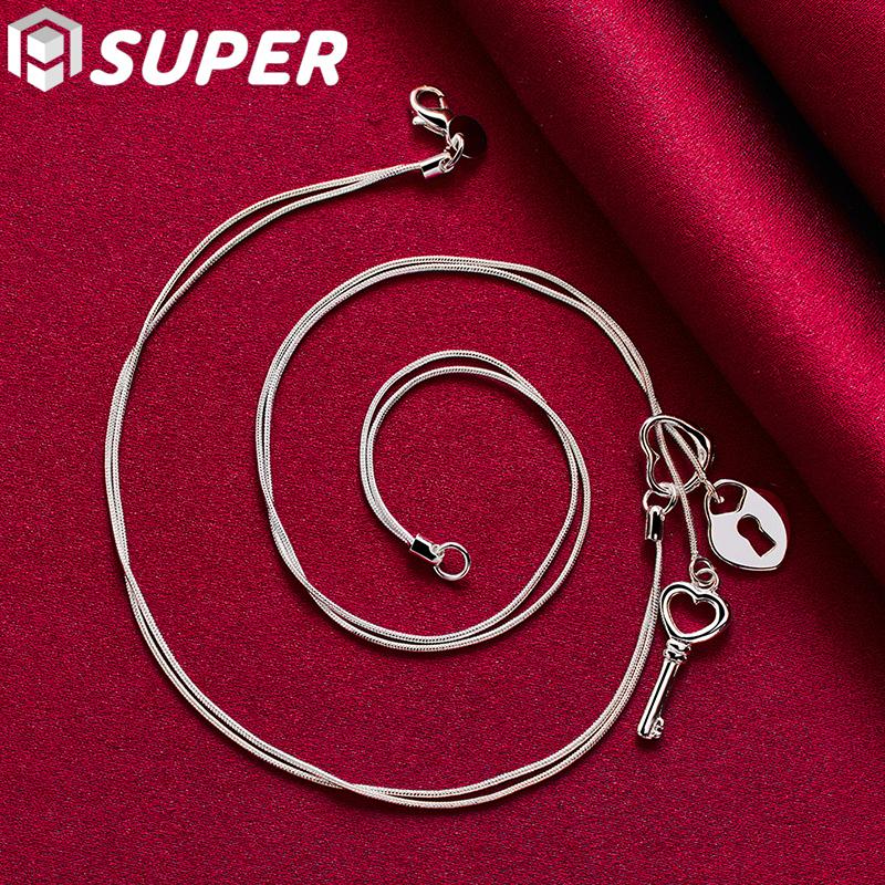 Superfeine 925 Sterling Silber Schlüssel Herz Schloss Halskette Schlangenkette Damen Hochzeit Mode Charm Schmuck