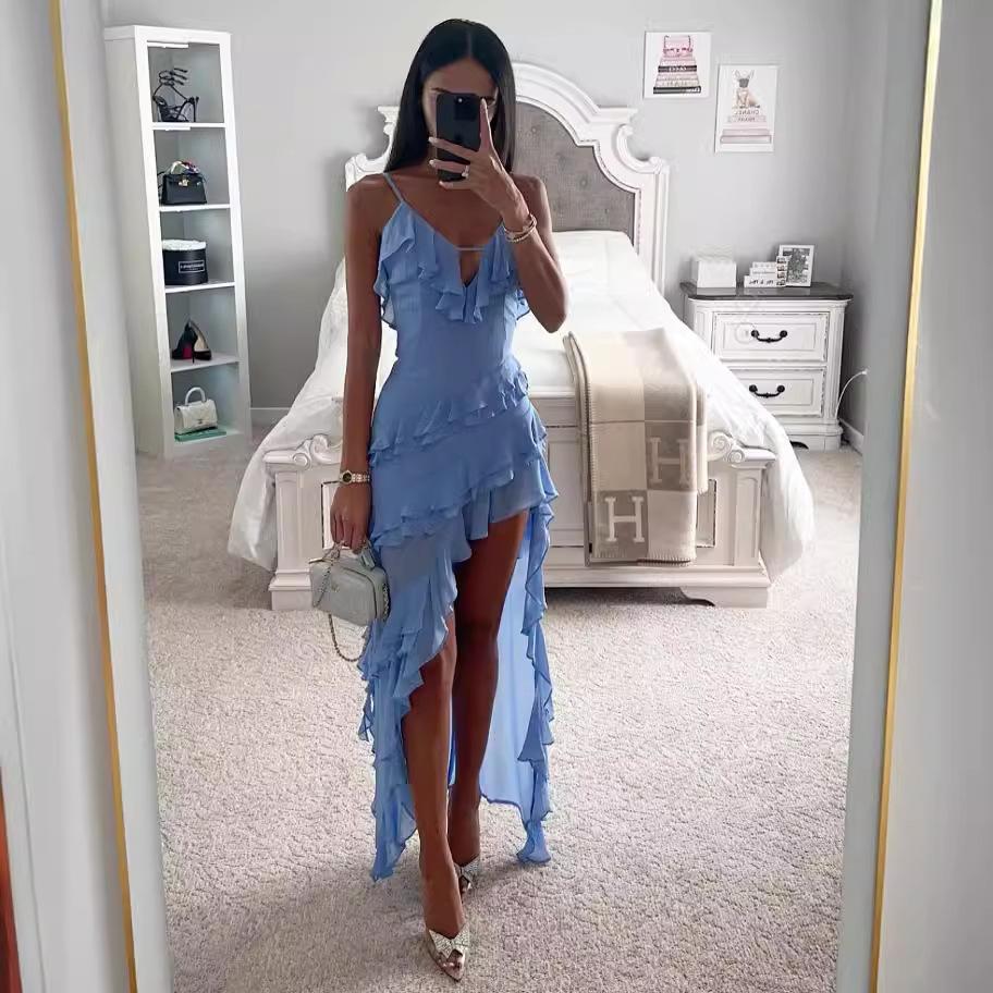 Damen Unregelmäßig Quaste Sommer Trend Skinny Schlitz Maxi Bodycon Geburtstagsparty Clubwear Kleider Blau Elegant Damen Trägerkleider