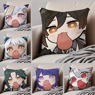 MiHoYo süß lustig Genshin Emotes Meme Kissenbezug Überwurf Kissenbezug Verdeckter Knopf Strapazierfähiges Polyester Stuhlkissen