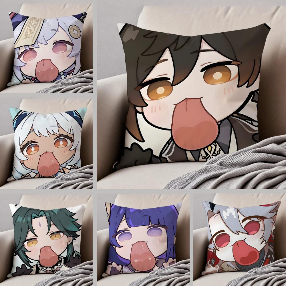 MiHoYo süß lustig Genshin Emotes Meme Kissenbezug Überwurf Kissenbezug Verdeckter Knopf Strapazierfähiges Polyester Stuhlkissen