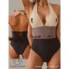 One-piece Swimsuit New Sexy Solid Color Stitching Halterneck Women's Swimsuit