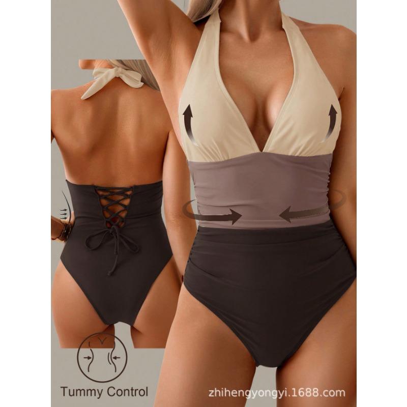 One-piece Swimsuit New Sexy Solid Color Stitching Halterneck Women's Swimsuit