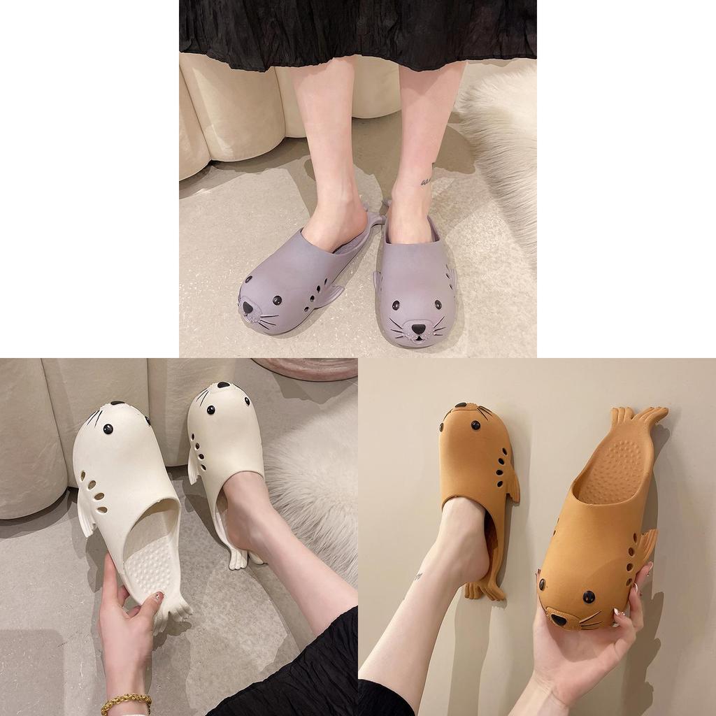 Cute Cartoon Seal Slides With Pvc Breathable Sole For Home And Beach Use