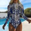 Damen Langarm Einteiler Badeanzug Reißverschluss Vorne Abstrakte Textur Print Rash Guard Surfen Badeanzug