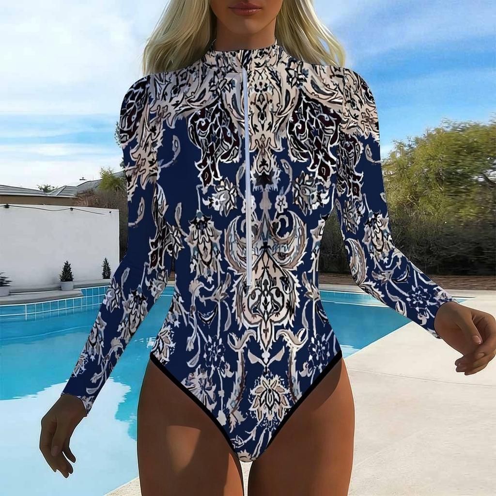 Damen Langarm Einteiler Badeanzug Reißverschluss Vorne Abstrakte Textur Print Rash Guard Surfen Badeanzug