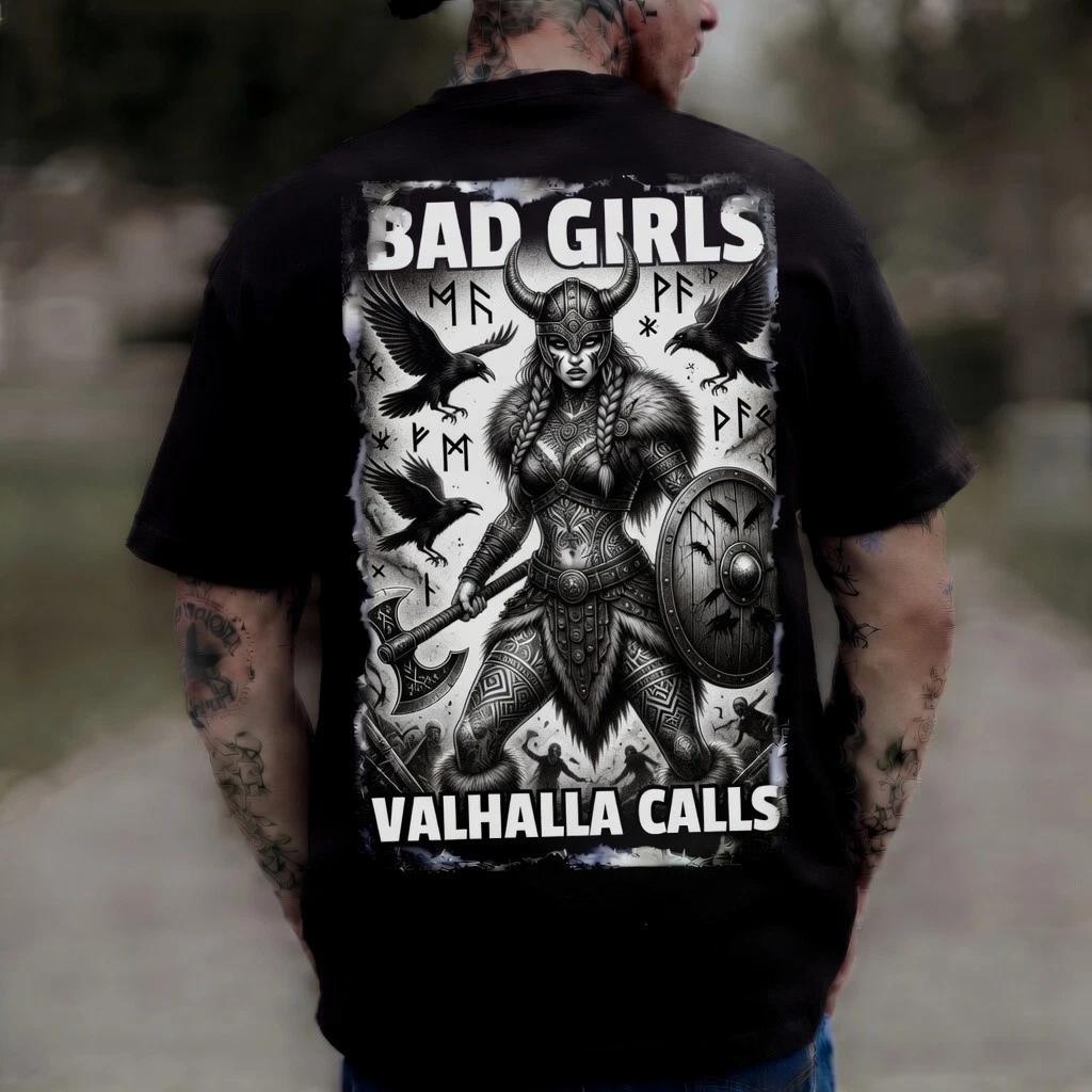 Bad Girls Valhalla Calls Black Graphic T-Shirt Viking Tattoo Edgy Tee XXXL