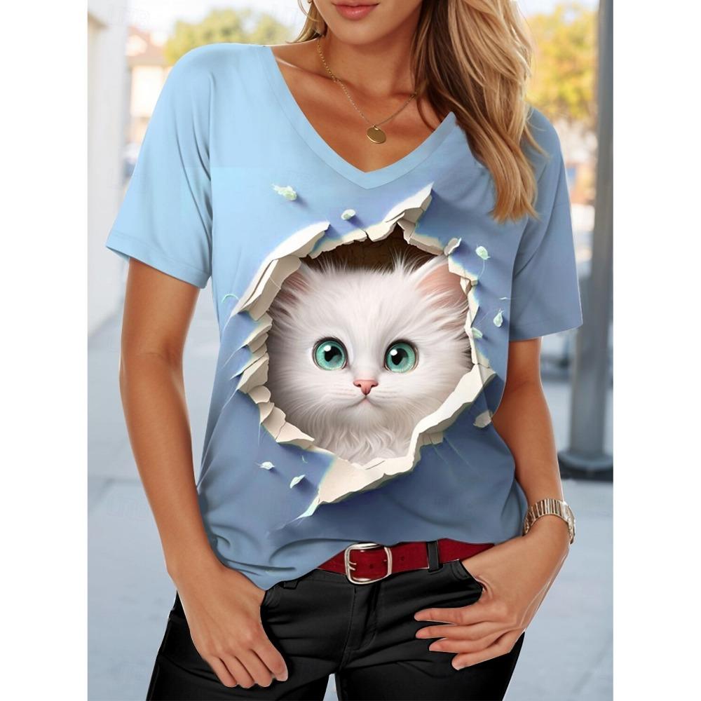 

Женская футболка с графическим рисунком кошки, модная, повседневная, с V-образным вырезом, короткими рукавами, обычная, повседневная, с принтом, синяя, фиолетовая, зеленая, летняя футболка 3XL