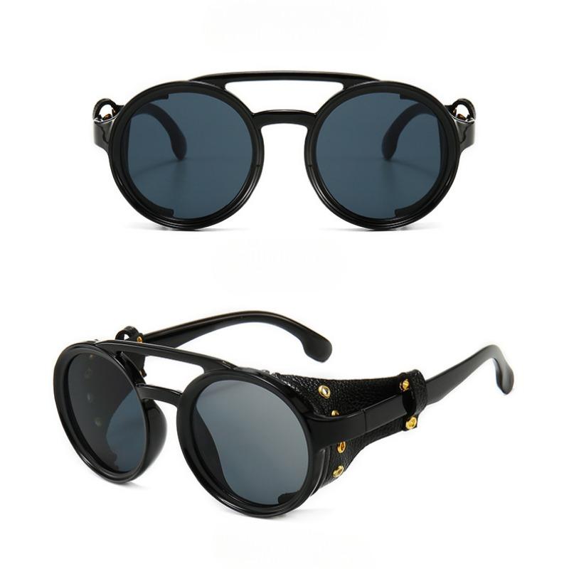 

Steampunk Shields Sunglasses Men Women Classic Sun Glasses with Side Leather Round Eyewears Punk UV400 Lens чёрный