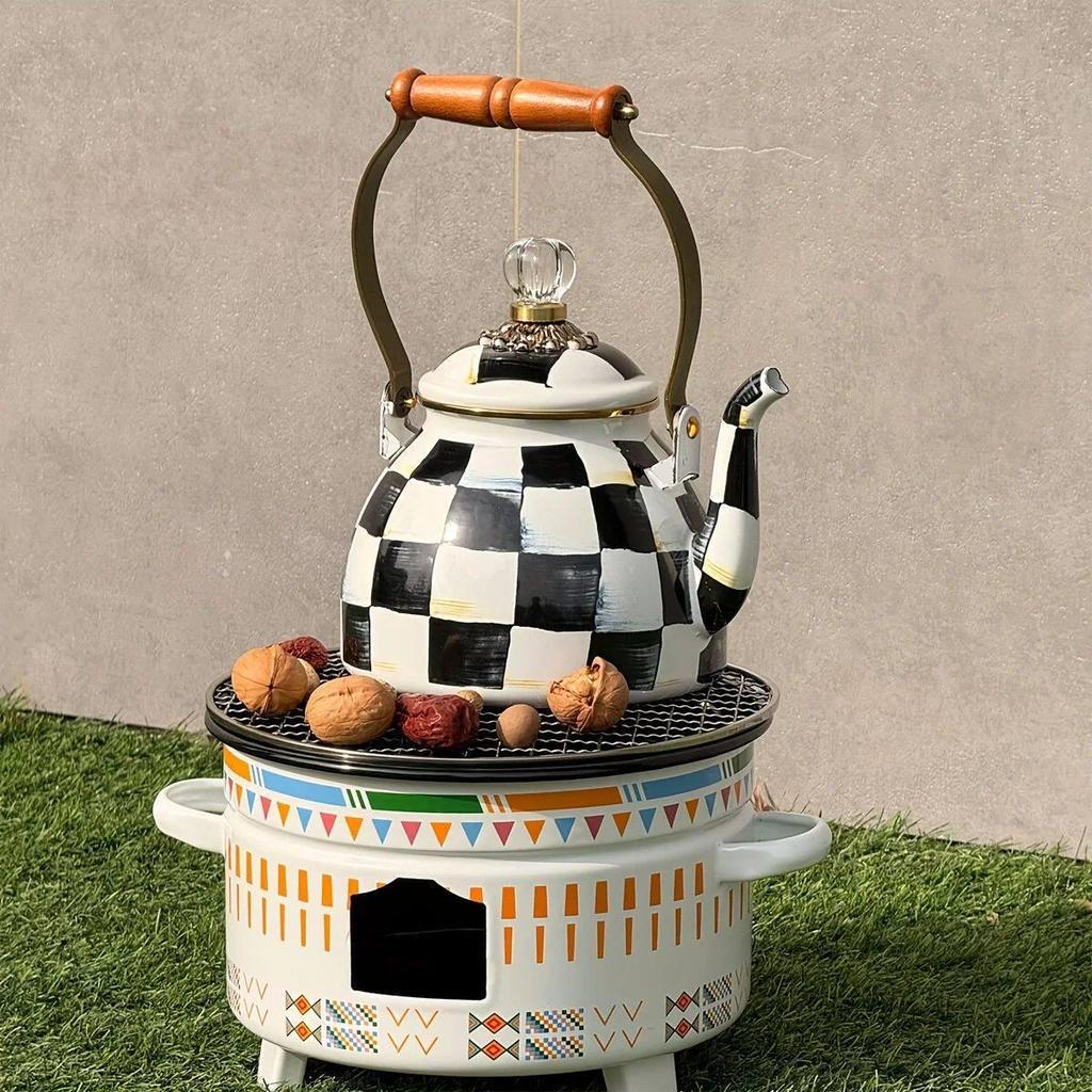Checkered Black & White Enamel Kettle with Diamond Lid, Wooden Handle, Angled Spout, 2L Capacity - Classic All-Season Teapot