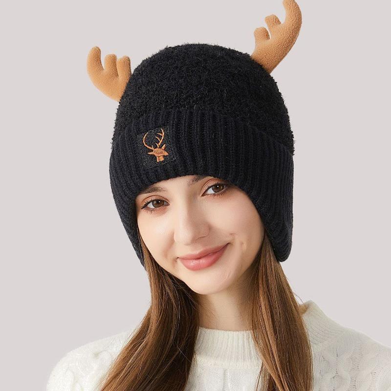 Knitted Hat Women's Stitching Antler Ear Protection Thick Warm Hat Women's Winter Wool Hat