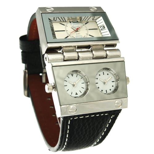 

Oulm 9525 Men s Analog Watch with Black Leather Strap, 3 Subdials, Silver, Quartz Movement.