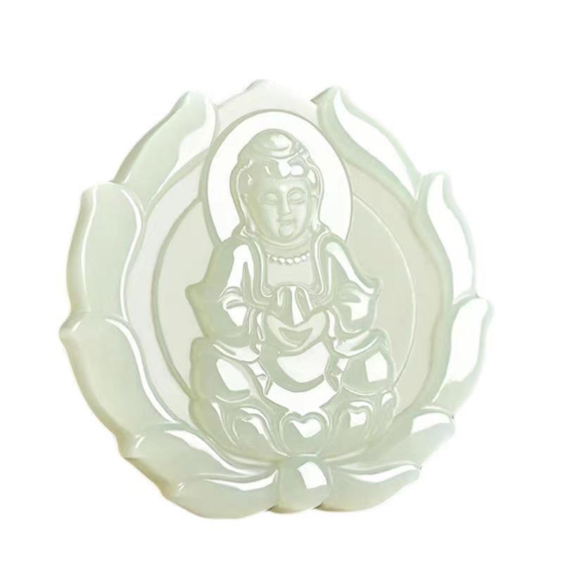 Unisex Imitation Hetian Jade Guanyin Pendant with Lotus Design - Hanging Ornament Gift