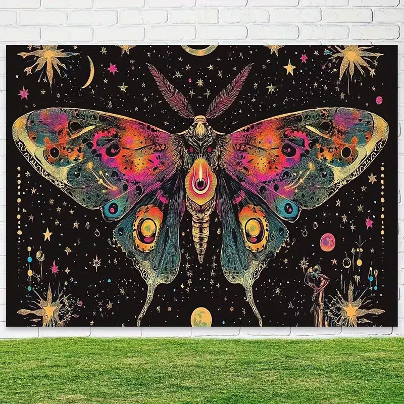 2D Mystical Tapestry - Vibrant Lunar Moth, Astrology Symbols & Starry Night Wall Art