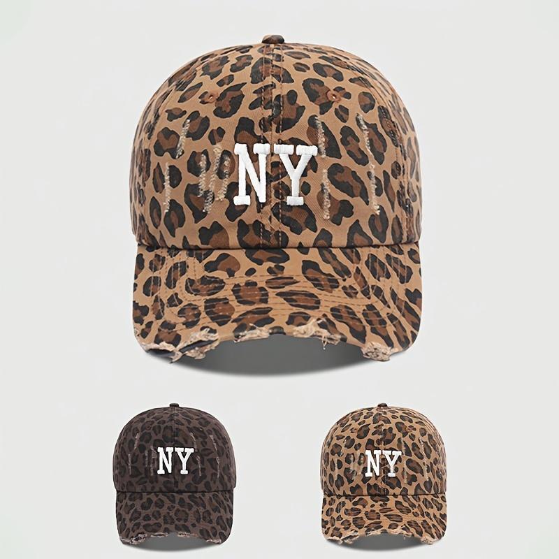 Embroidered NY Distressed Leopard Print Baseball Cap, Breathable Adjustable Golf Summer Fashion Curved Brim Hat, Lightweight Polyester, Toggle Closure