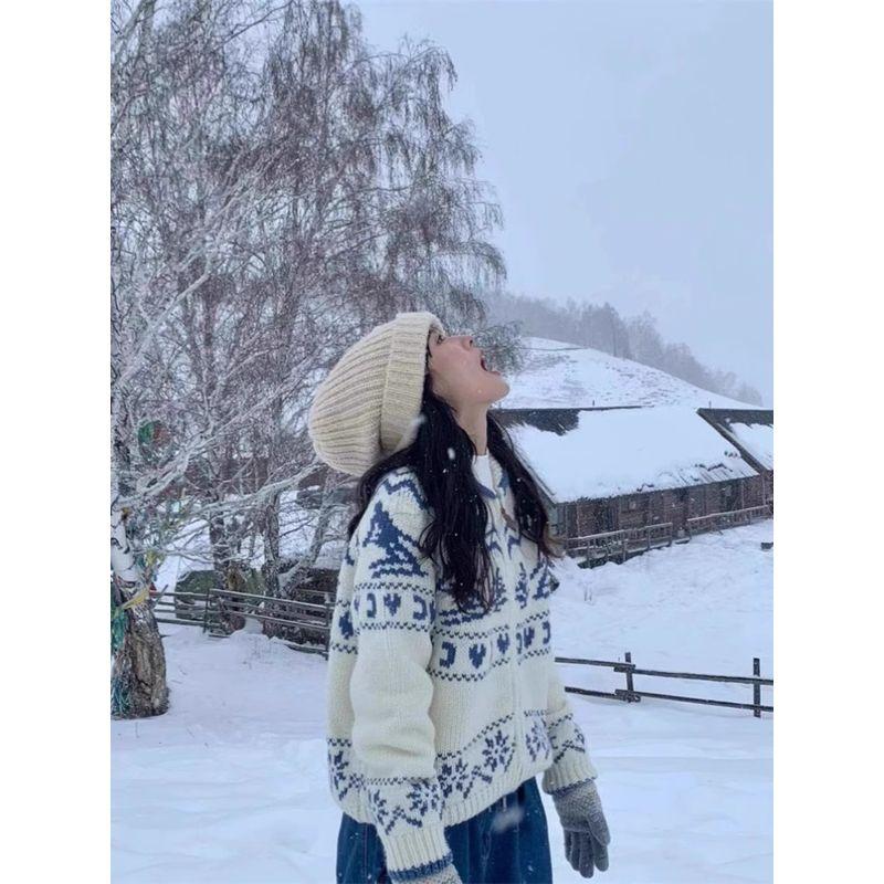 

Winter Skiing Scandinavian Retro Fairisland Christmas Tree Autumn and Winter Sweater Loose Knitted Cardigan Outwear Female Spring Blue Milk White S