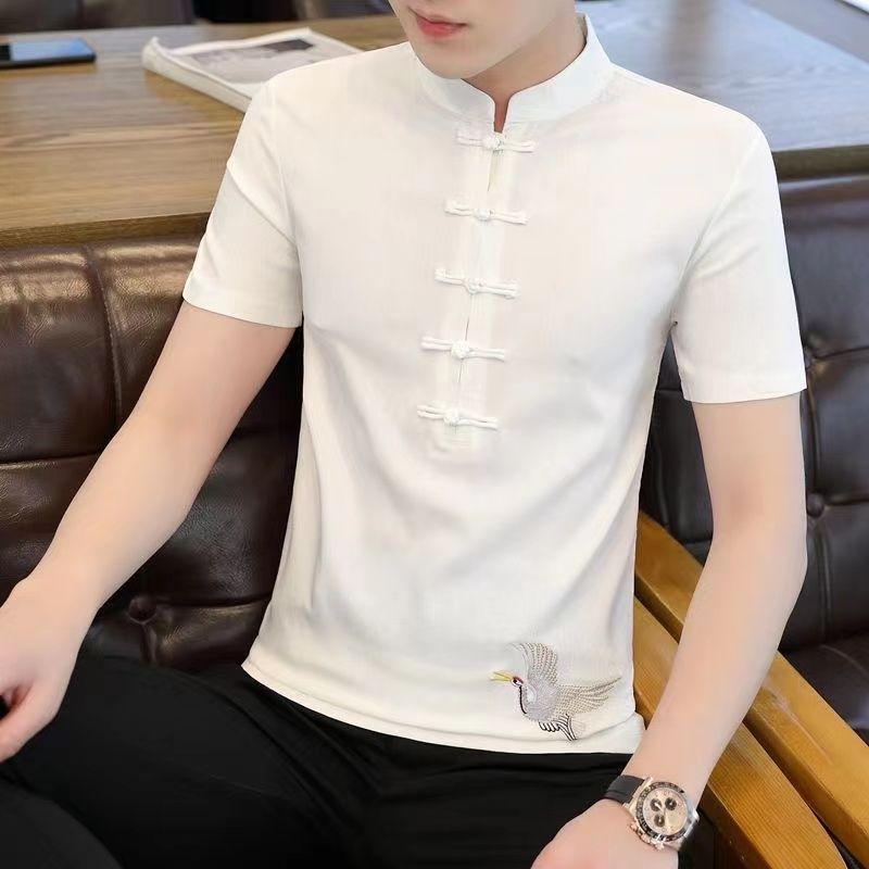 

Men Mandarin Collar Frog Button Short Sleeve White T Shirt Crane Print M белый