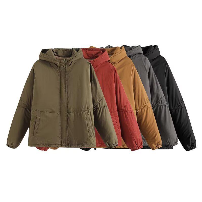 2024 Autumn Women's Fashion: European & American Style Hooded Long Sleeve Cotton Jacket - Versatile, Simple, Loose Fit in Five Colors.