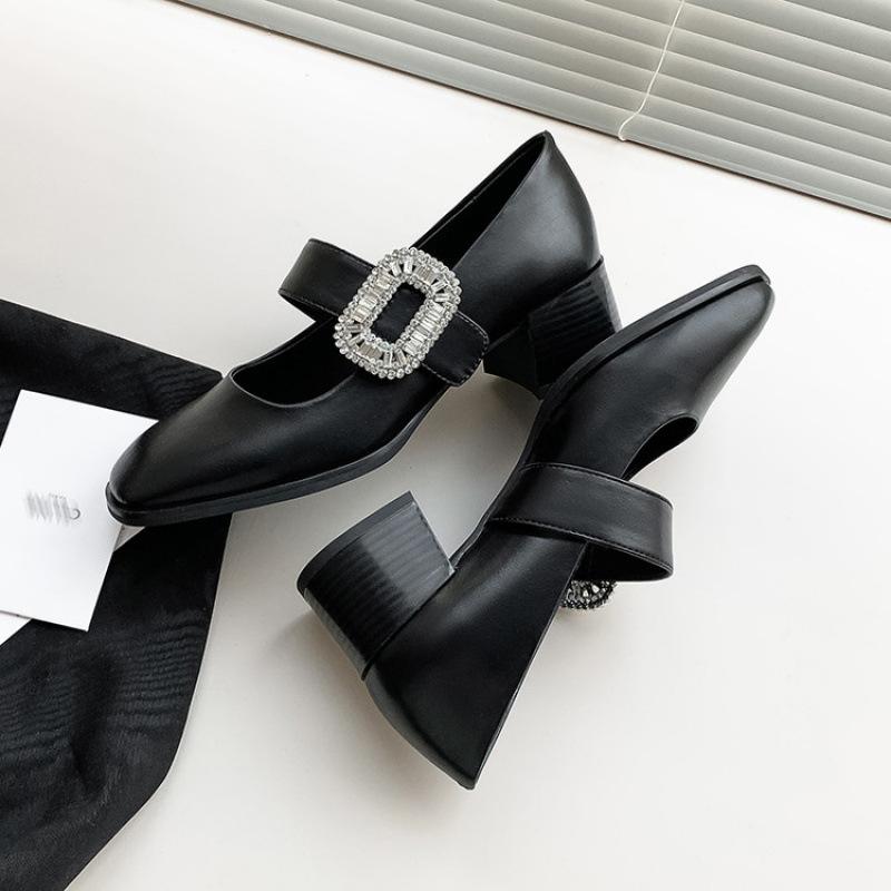 New mid-heel fashion single shoes women's round head non-slip beef tendon sole square heel buckle leather women's shoes wear small leather shoes in 