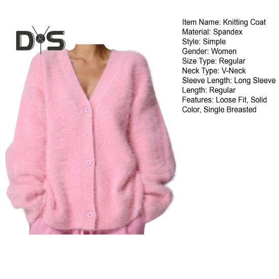 Women Knitting Coat V-Neck Long Sleeve Solid Color Single Breasted Sweater Coat Loose Fit Stretchy Outwear