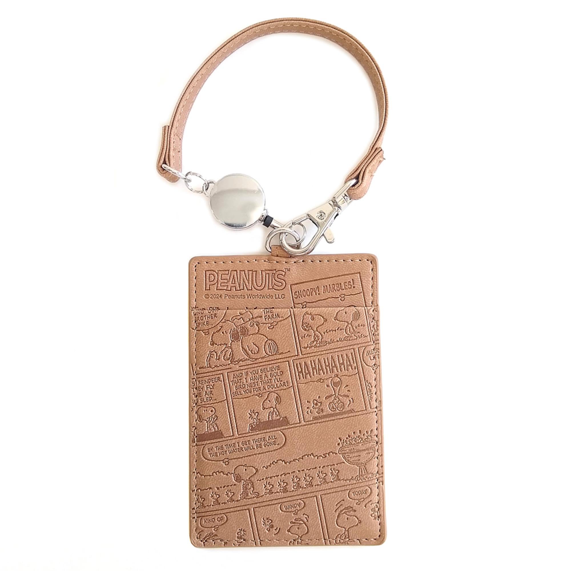 

Snoopy Pass Case with Reel Stylish Faux Cute Embossed All IC Card Case Strap, Leather, Design, Comic, Brown,