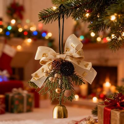 Jingle Bell Christmas Wreat 3D Bow Pine Branch Pendant Christmas Golden Bow Bell Pendant For Decorating Christmas Trees