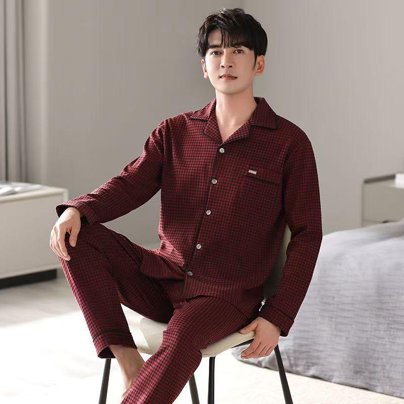 Men's Plus Size Cotton Pajama Set: Long Sleeve & Pants for Spring/Autumn, Versatile Indoor/Outdoor Wear.