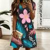 Plus Size Ladies V Neck Short Sleeve Dress Tropical Leaf Printed Flowy Dress For Beach Vacation And Everyday Use