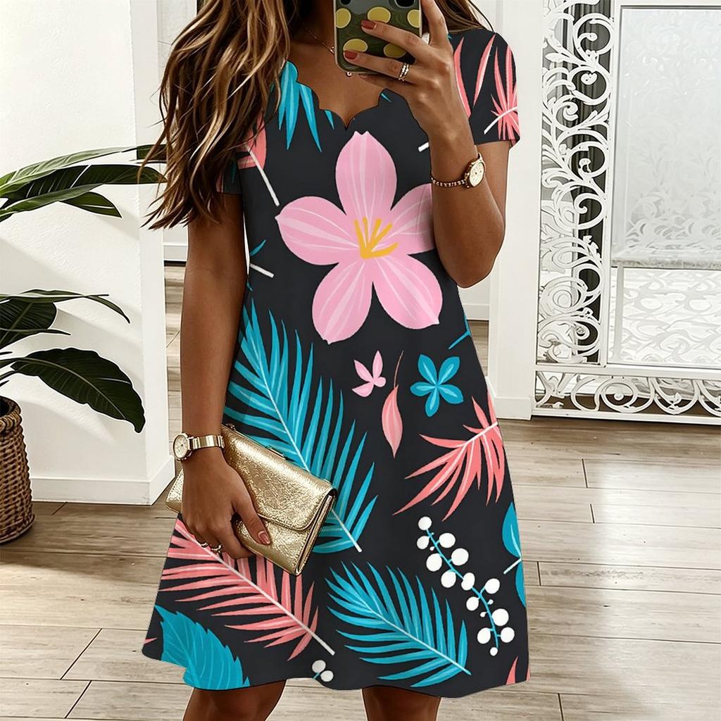 Plus Size Ladies V Neck Short Sleeve Dress Tropical Leaf Printed Flowy Dress For Beach Vacation And Everyday Use
