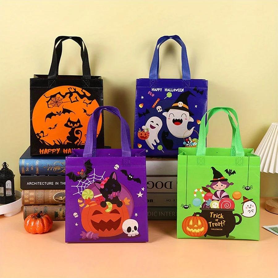 4pcs Halloween Theme Non-woven Cloth Gift Shopping Bag with Handle Reusable Pumpkin Bat Creative Trick or Treat Goodie Bags