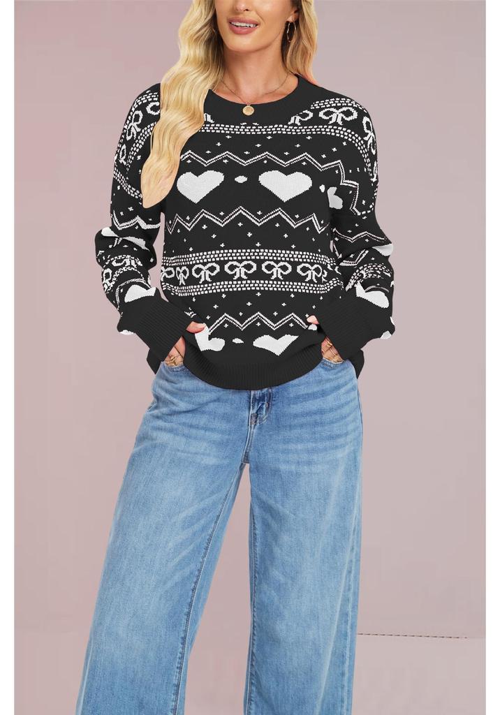 European & American Style Valentine's Heart Pattern Women's Casual Long Sleeve Knit Sweater