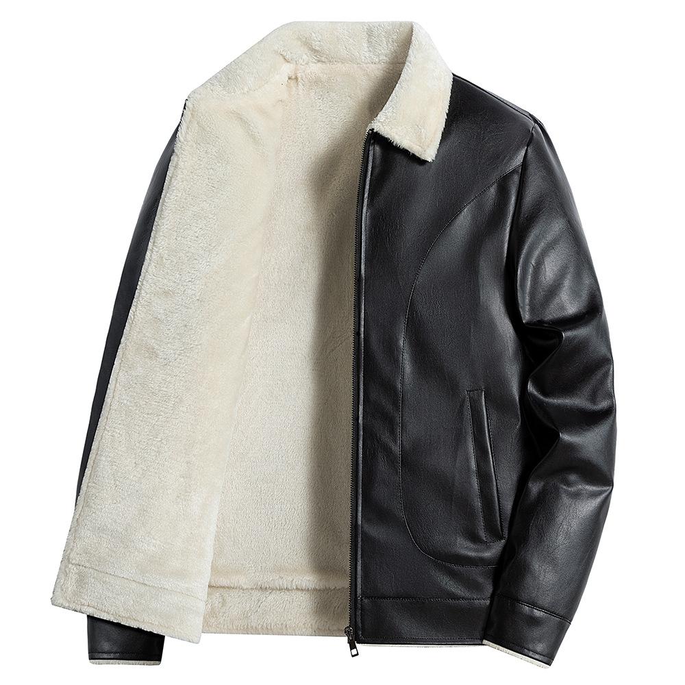 Men's Casual Jacket Autumn and Winter PU Leather Jacket Lapel Retro Leather Jacket Versatile Plush Jacket