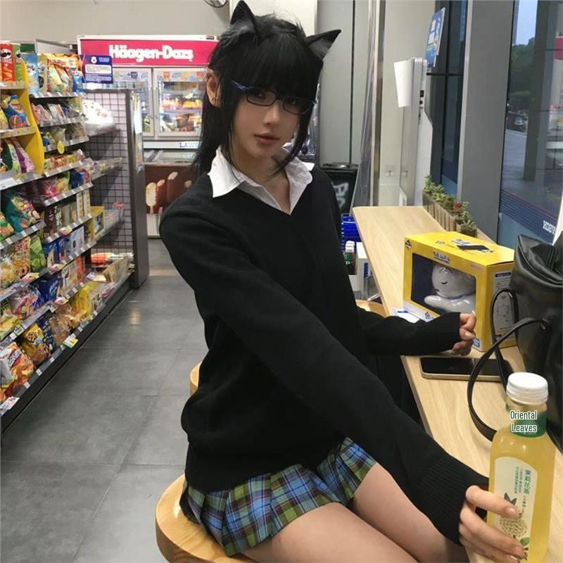 

Преппи V-образный вырез JK Форма Свитер Комплект: Демисезонная универсальная верхняя одежда с длинным рукавом для девочек XS