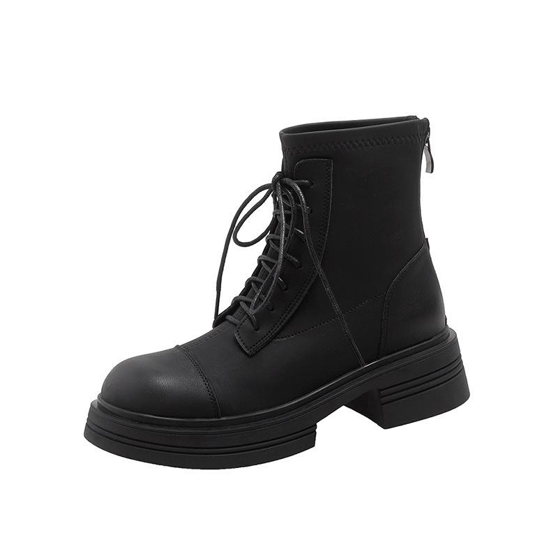 Leather thick-soled Martin boots Small inner height increase Brown lace-up short boots Women s retro British style single boots Skinny boots 33
