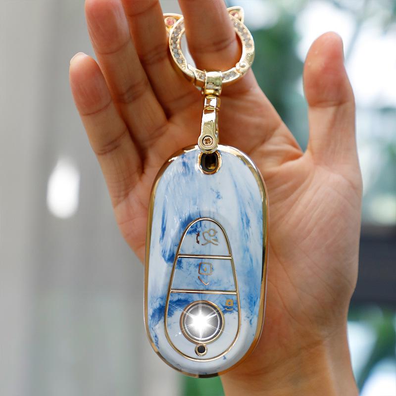 Mercedes-Benz Key Case for C260, LC200L, S400 Maybach, EQE, GLC with Gold Inlaid Jade Shell