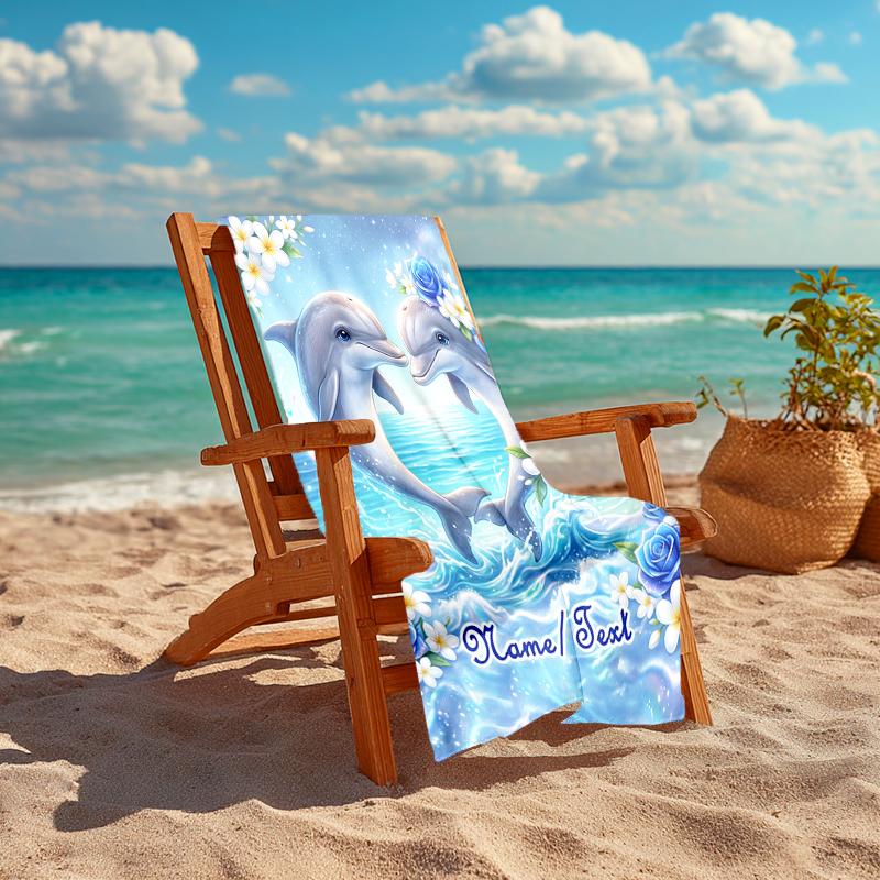 1PC Custom Name Dolphins Heart Shape Beach Towel Highly Absorbent And Sand-Resistant Towel for Swimming, Pool, Yoga, And Travel Lightweight