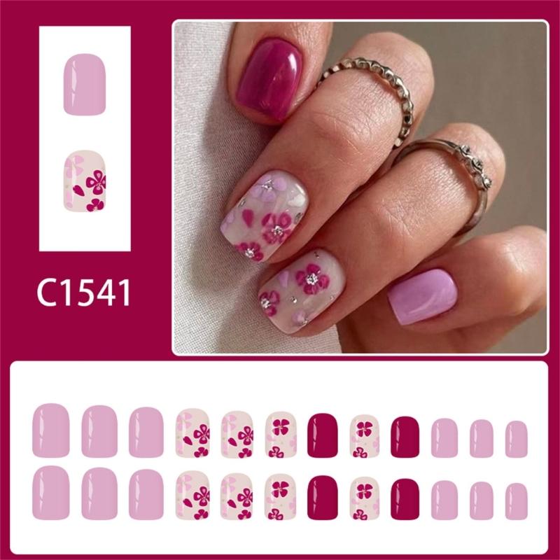 24pcs Glossy Square False Nail Purple Flower Glittering Design Nail Art for Daily Wear and Parties Manicure