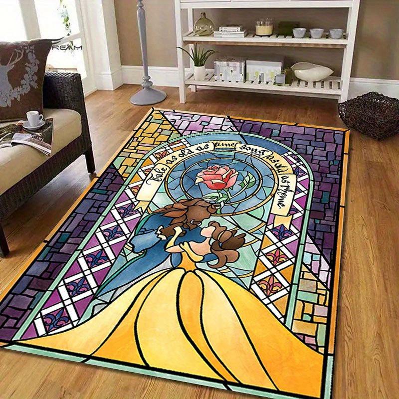 1ks Kobercový koberec s motivem Disney Kráska a zvíře, protiskluzový, ručně pratelný podlahový koberec, vhodný do obývacího pokoje, ložnice, domácí dekorace